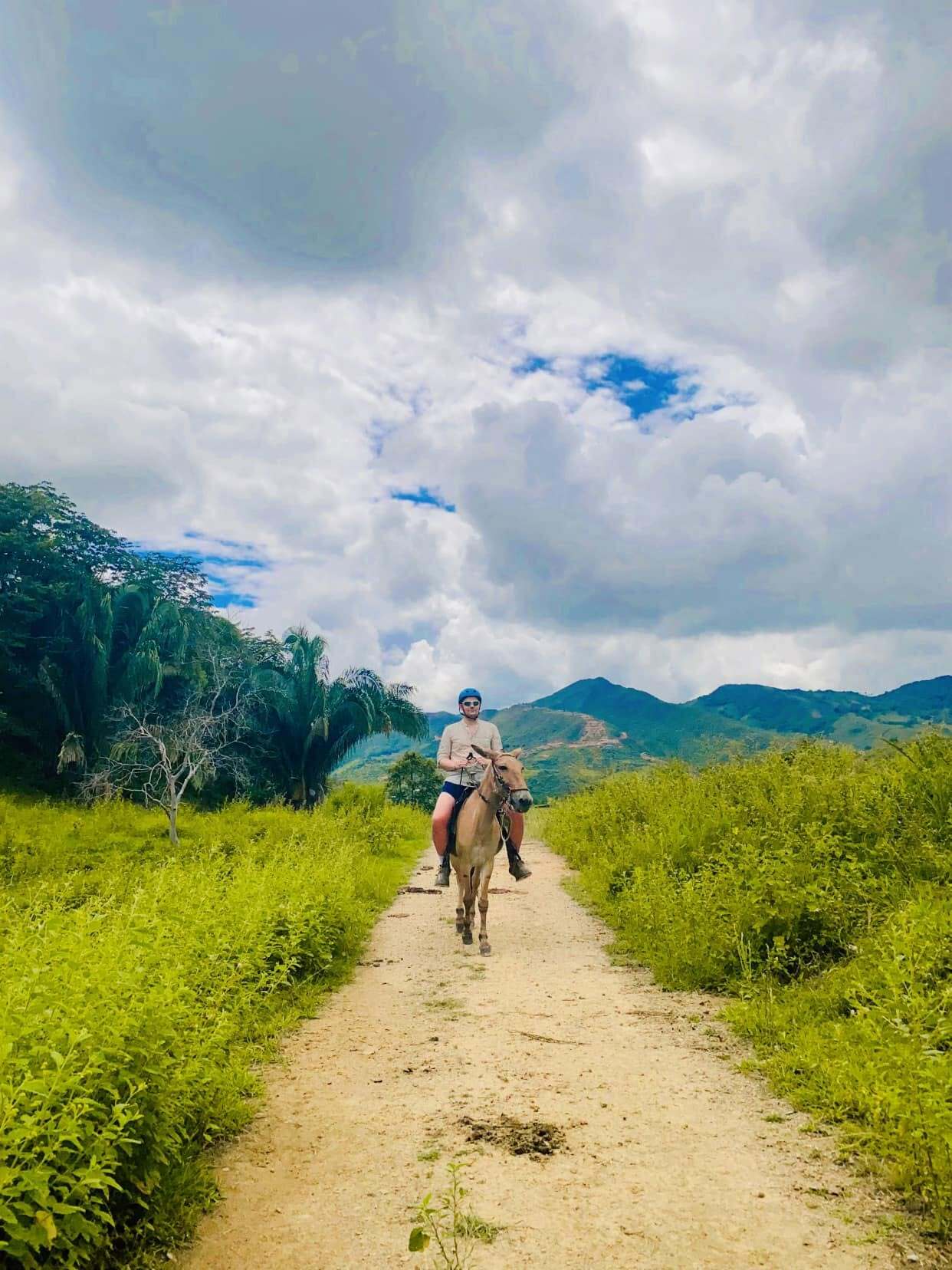 Jinete en el camino con las montañas al fondo